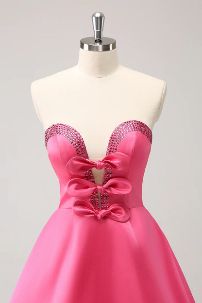 omberprom A Line Homecoming Dress Cute Hot Pink Strapless Cut Out with Beading