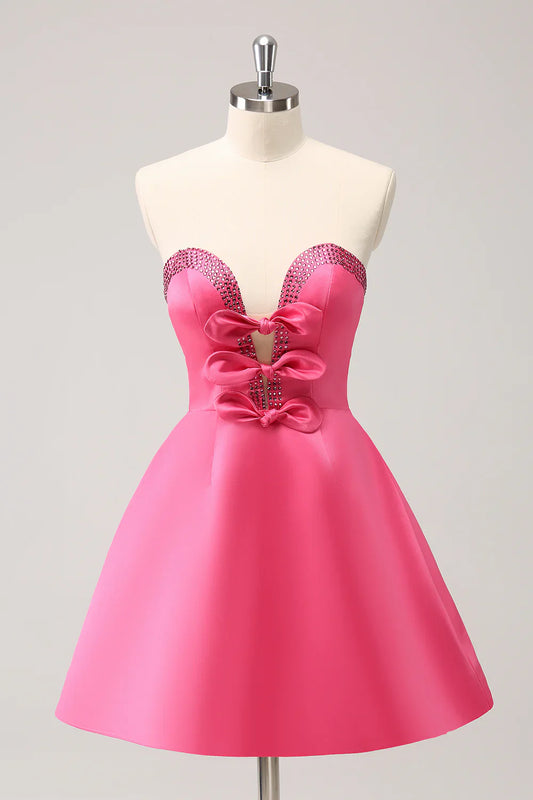 omberprom A Line Homecoming Dress Cute Hot Pink Strapless Cut Out with Beading