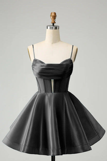 omberprom A Line Homecoming Dress Blue Spaghetti Straps Corset Short with Beading