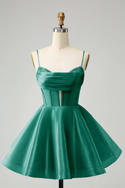 omberprom A Line Homecoming Dress Blue Spaghetti Straps Corset Short with Beading