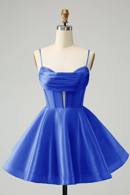 omberprom A Line Homecoming Dress Blue Spaghetti Straps Corset Short with Beading