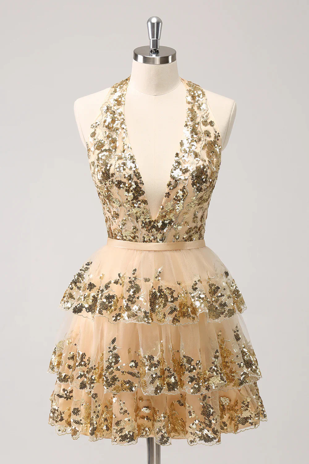 omberprom Homecoming Dress Sparkly Gold A Line Halter Corset Tiered Backless with Sequins
