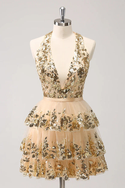 omberprom Homecoming Dress Sparkly Gold A Line Halter Corset Tiered Backless with Sequins