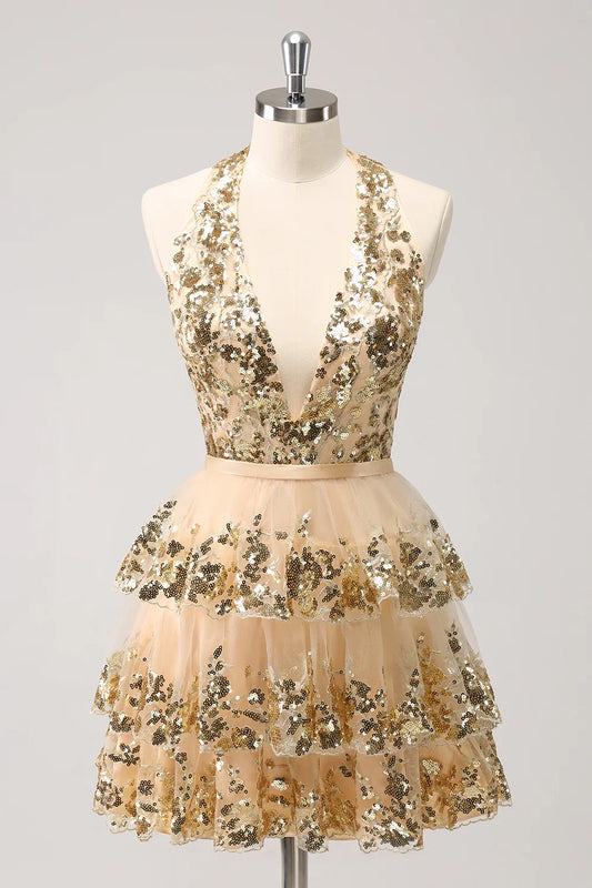 omberprom Homecoming Dress Sparkly Gold A Line Halter Corset Tiered Backless with Sequins