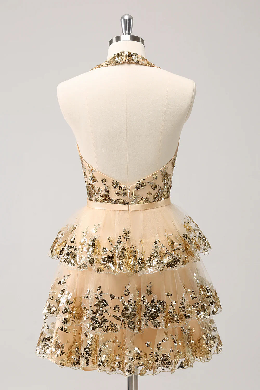 omberprom Homecoming Dress Sparkly Gold A Line Halter Corset Tiered Backless with Sequins