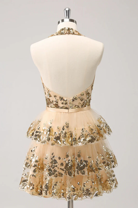 omberprom Homecoming Dress Sparkly Gold A Line Halter Corset Tiered Backless with Sequins