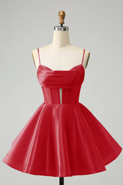 omberprom A Line Homecoming Dress Blue Spaghetti Straps Corset Short with Beading