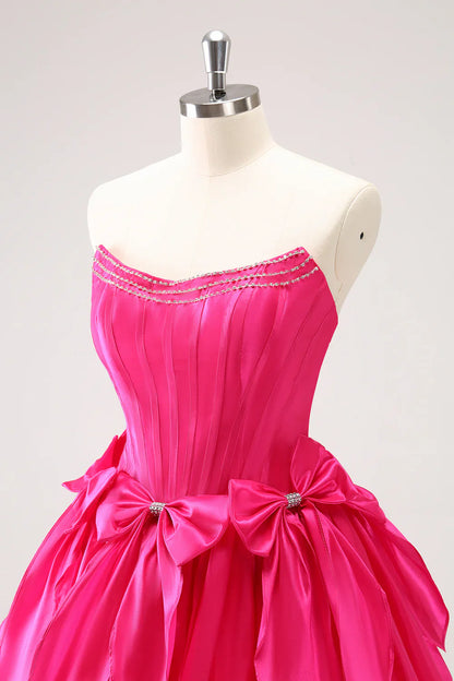 omberprom A Line Graduation Dresses Strapless Ruffle Beaded Cute Fuchsia Homecoming Dress with Bows