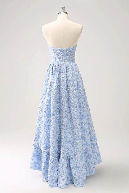 omberprom Homecoming Dresses A-Line Graduation Dresses Strapless Floral High Low Ruffled Dress Blue