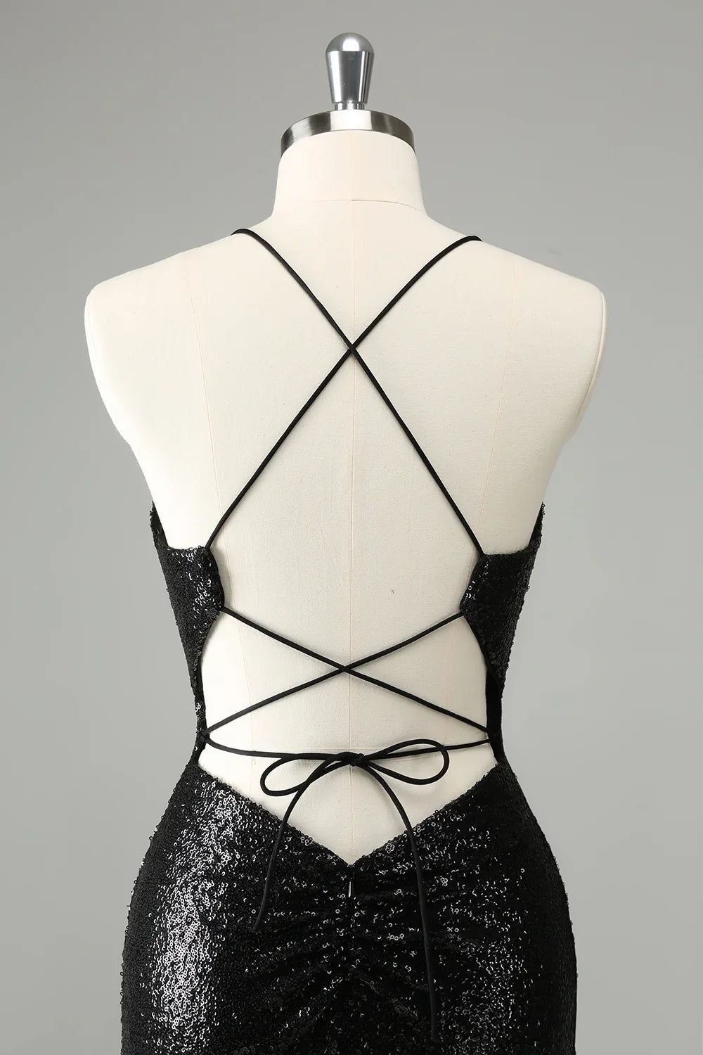 omberprom Homecoming Dress Black Bodycon Spaghetti Straps Sequins with Lace-up Back