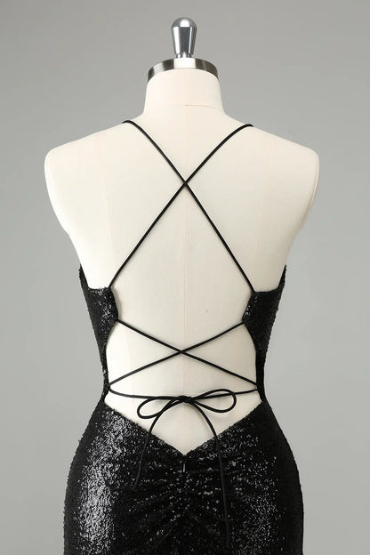 omberprom Homecoming Dress Black Bodycon Spaghetti Straps Sequins with Lace-up Back