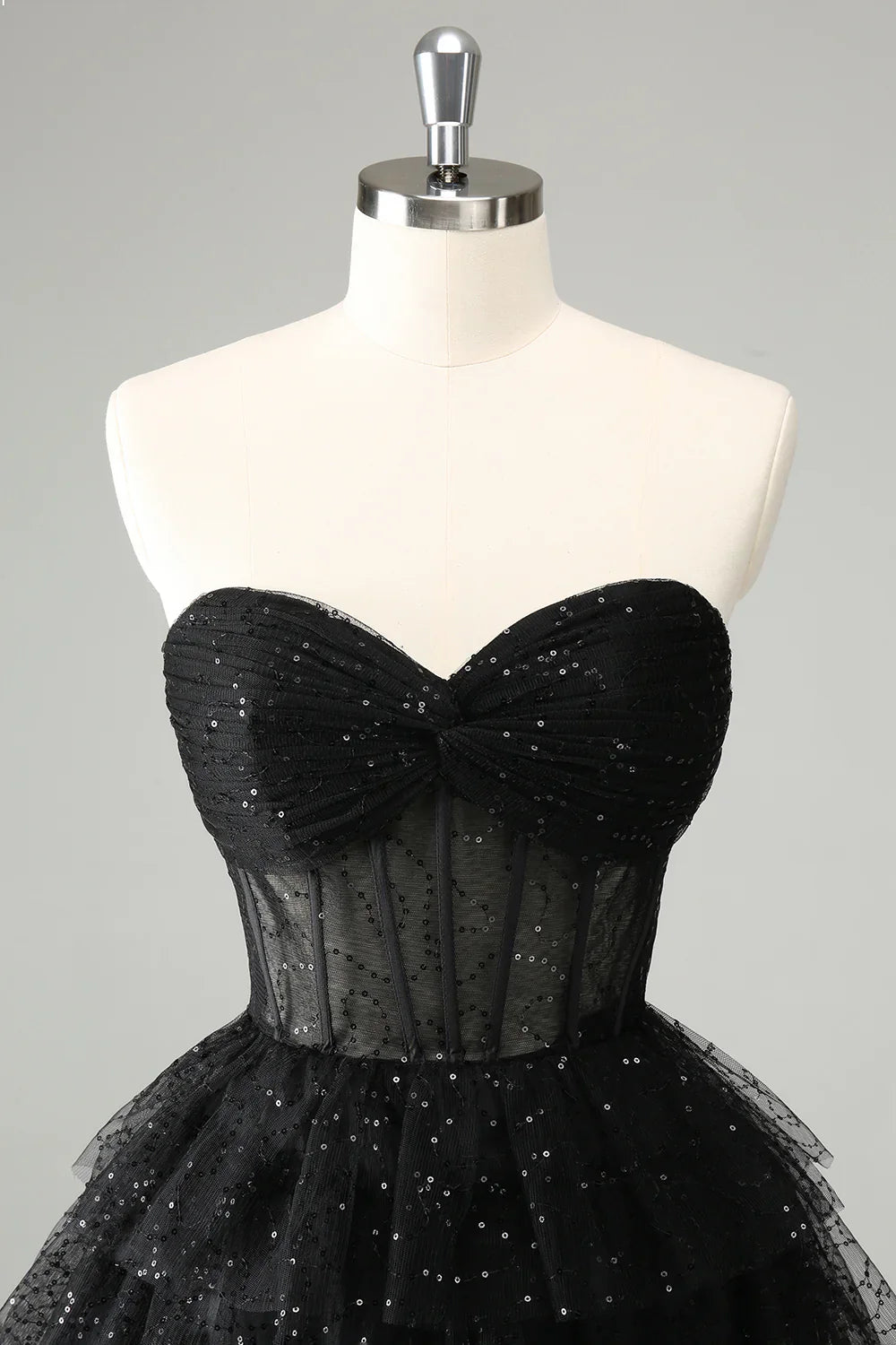 omberprom Cute A Line Strapless Homecoming Dress Sparkly Black Sweetheart Pleated Corset with Sequins