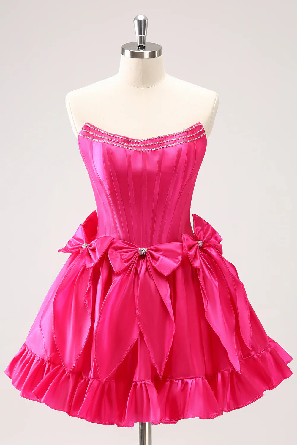 omberprom A Line Graduation Dresses Strapless Ruffle Beaded Cute Fuchsia Homecoming Dress with Bows