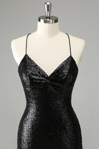 omberprom Homecoming Dress Black Bodycon Spaghetti Straps Sequins with Lace-up Back