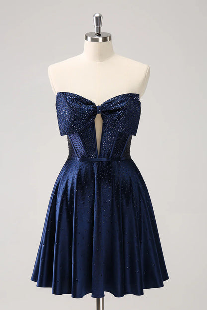 omberprom Cute Homecoming Dress Navy A Line Strapless Hollow Out Corset Beaded with Bow