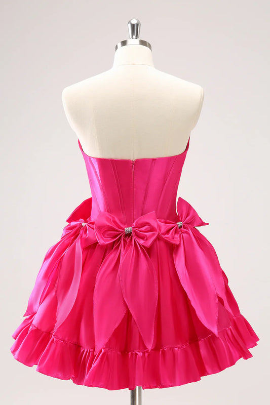 omberprom A Line Graduation Dresses Strapless Ruffle Beaded Cute Fuchsia Homecoming Dress with Bows