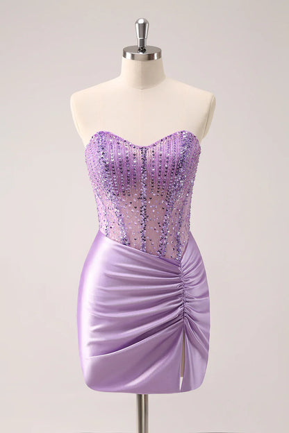 omberprom Charming Homecoming Dress Bodycon Strapless Sequins Ruched with Beading Sparkly