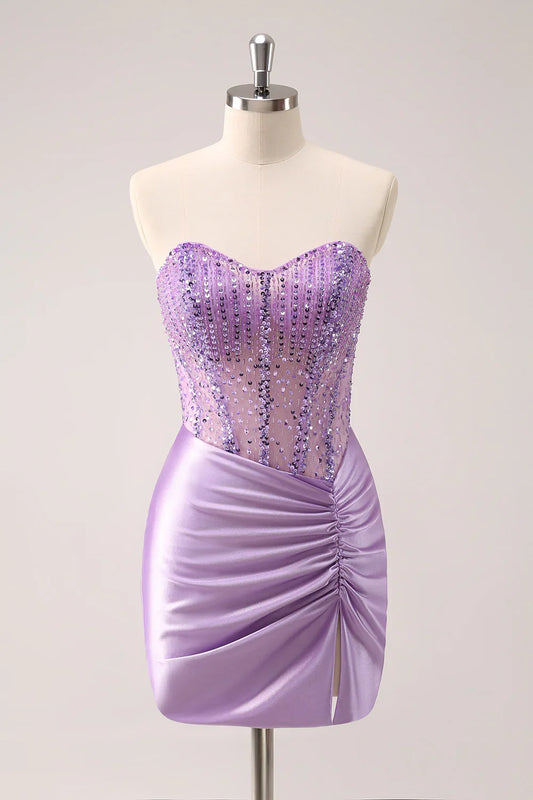 omberprom Charming Homecoming Dress Bodycon Strapless Sequins Ruched with Beading Sparkly