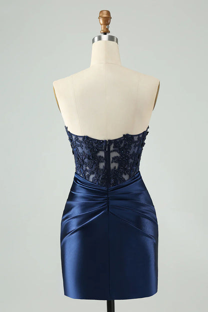 omberprom Short Homecoming Dress Navy Bodycon Sweetheart Corset Beaded with Hollow Out Graduation Dresses