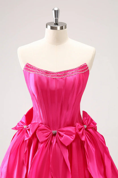 omberprom A Line Graduation Dresses Strapless Ruffle Beaded Cute Fuchsia Homecoming Dress with Bows