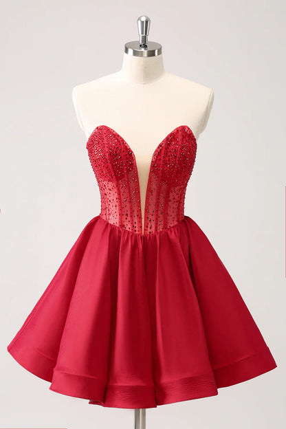 omberprom Homecoming Dress Cute A Line Strapless Corset Ruffle with Beading Graduation Dress