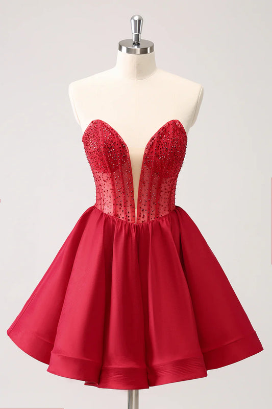 omberprom Homecoming Dress Cute A Line Strapless Corset Ruffle with Beading Graduation Dress