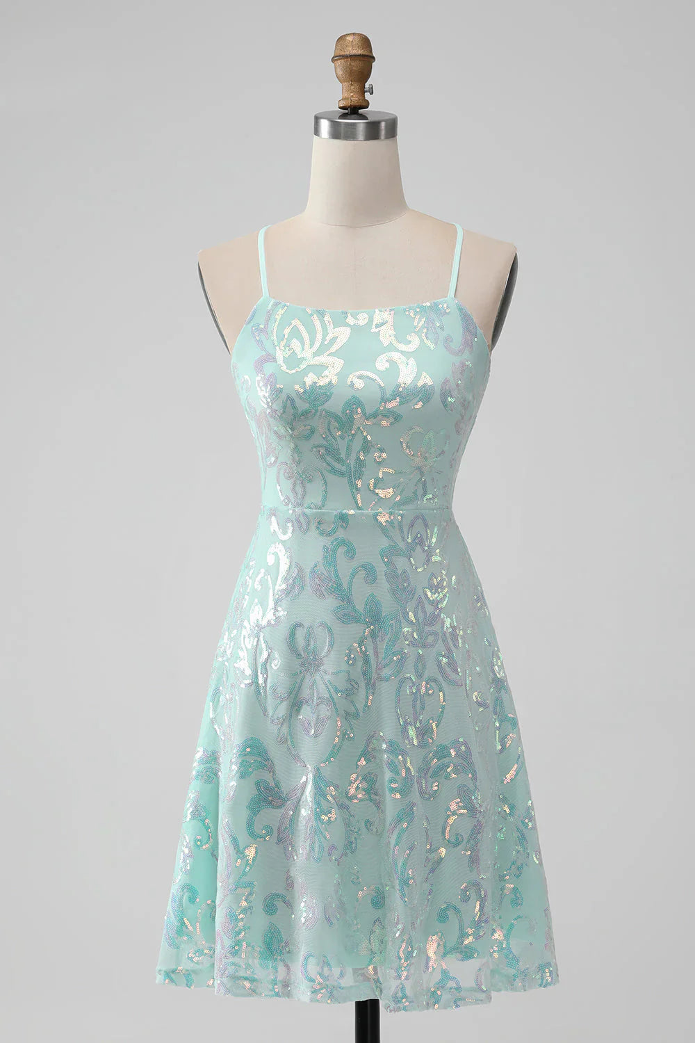 omberprom A Line Sequins Short Homecoming Dress with Lace-up Back Mint Graduation Dresses