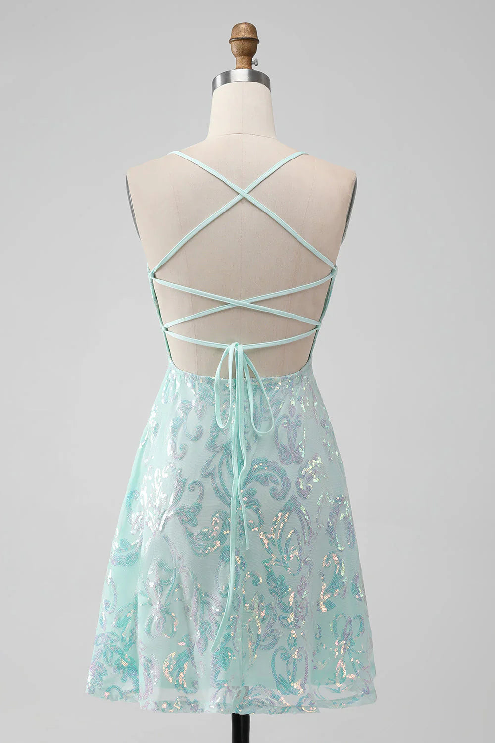 omberprom A Line Sequins Short Homecoming Dress with Lace-up Back Mint Graduation Dresses