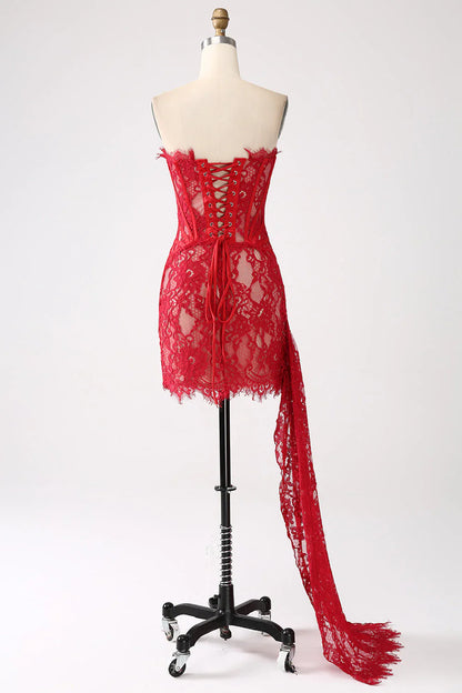 omberprom Classy Red Short Cocktail Dress Lace Strapless Corset with Lace-up Back Homecoming Dresses