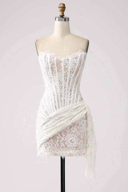 omberprom Classy Red Short Cocktail Dress Lace Strapless Corset with Lace-up Back Homecoming Dresses