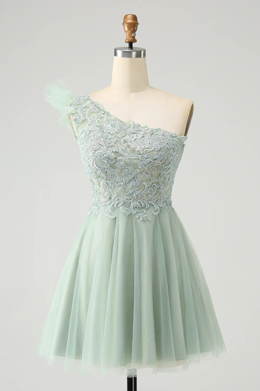 omberprom A Line Graduation Dresses One Shoulder Short Homecoming Dress with Beading Dusty Sage