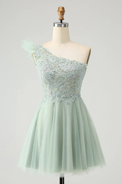 omberprom A Line Graduation Dresses One Shoulder Short Homecoming Dress with Beading Dusty Sage