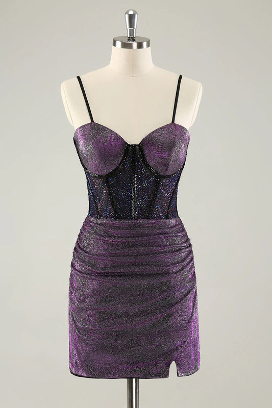 omberprom Elegant Homecoming Dresses Dark Purple Pleated Corset Short with Lace Up Back