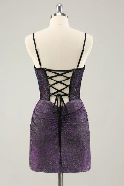 omberprom Elegant Homecoming Dresses Dark Purple Pleated Corset Short with Lace Up Back