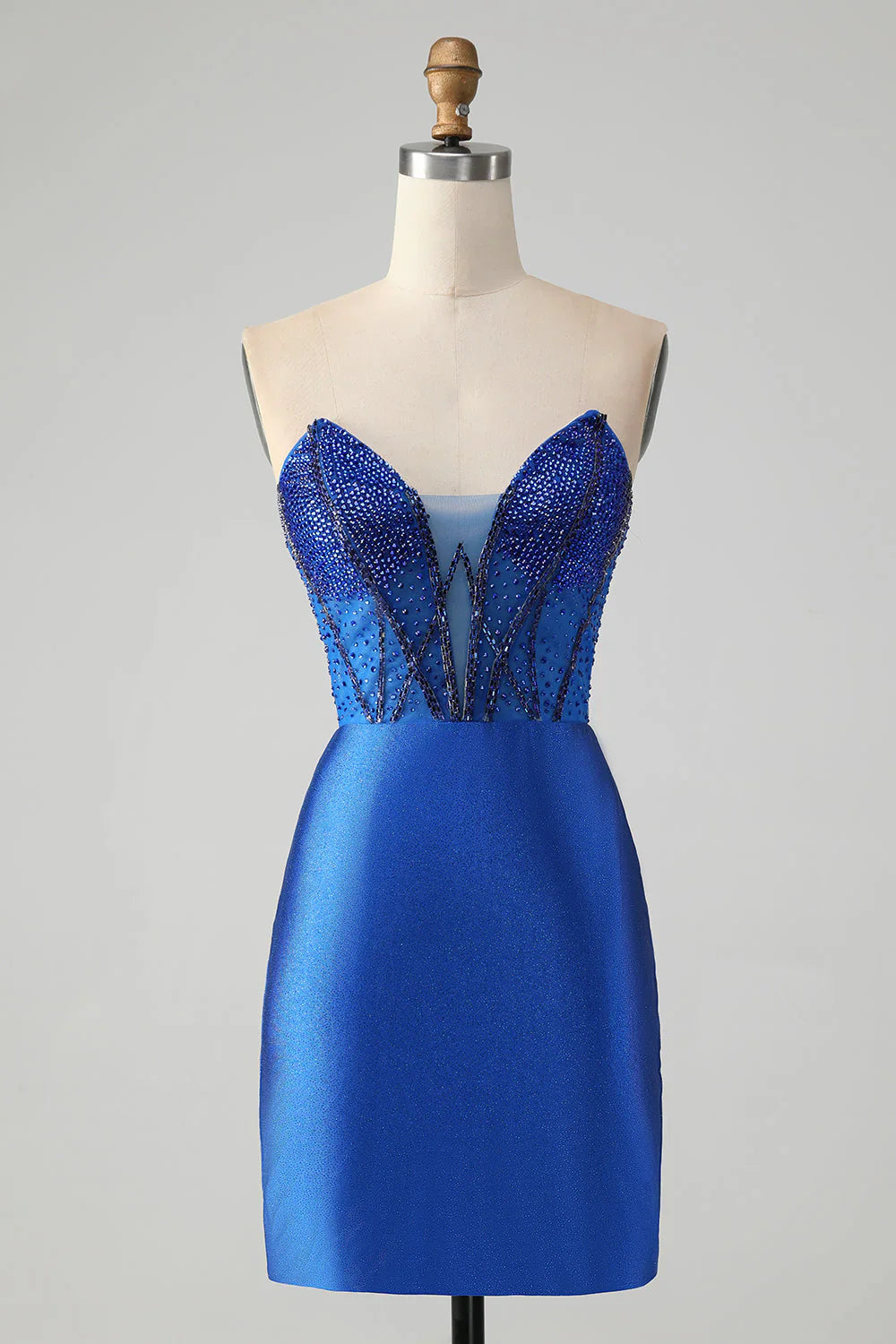 omberprom Short Homecoming Dress Classy Sparkly Royal Blue Tight Strapless with Beading