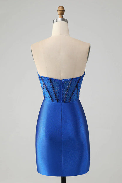 omberprom Short Homecoming Dress Classy Sparkly Royal Blue Tight Strapless with Beading