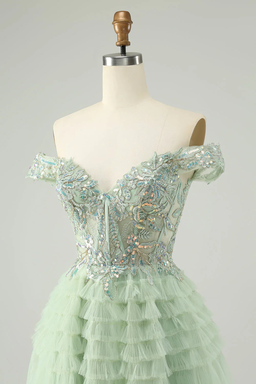 omberprom Homecoming Dress A Line Off The Shoulder Corset Tulle with Sequins Sparkly Light Green