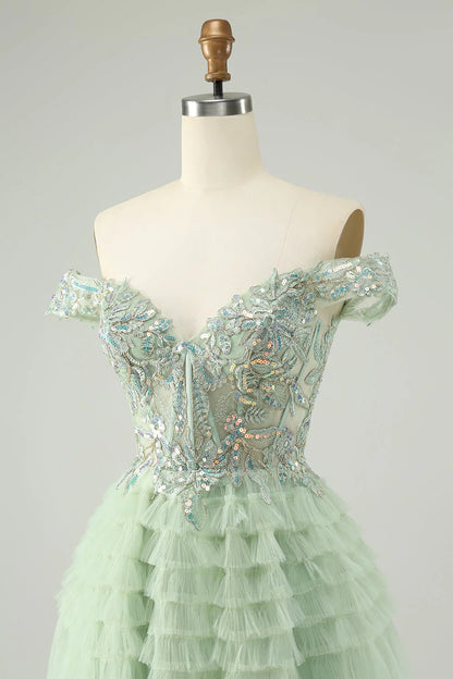 omberprom Homecoming Dress A Line Off The Shoulder Corset Tulle with Sequins Sparkly Light Green