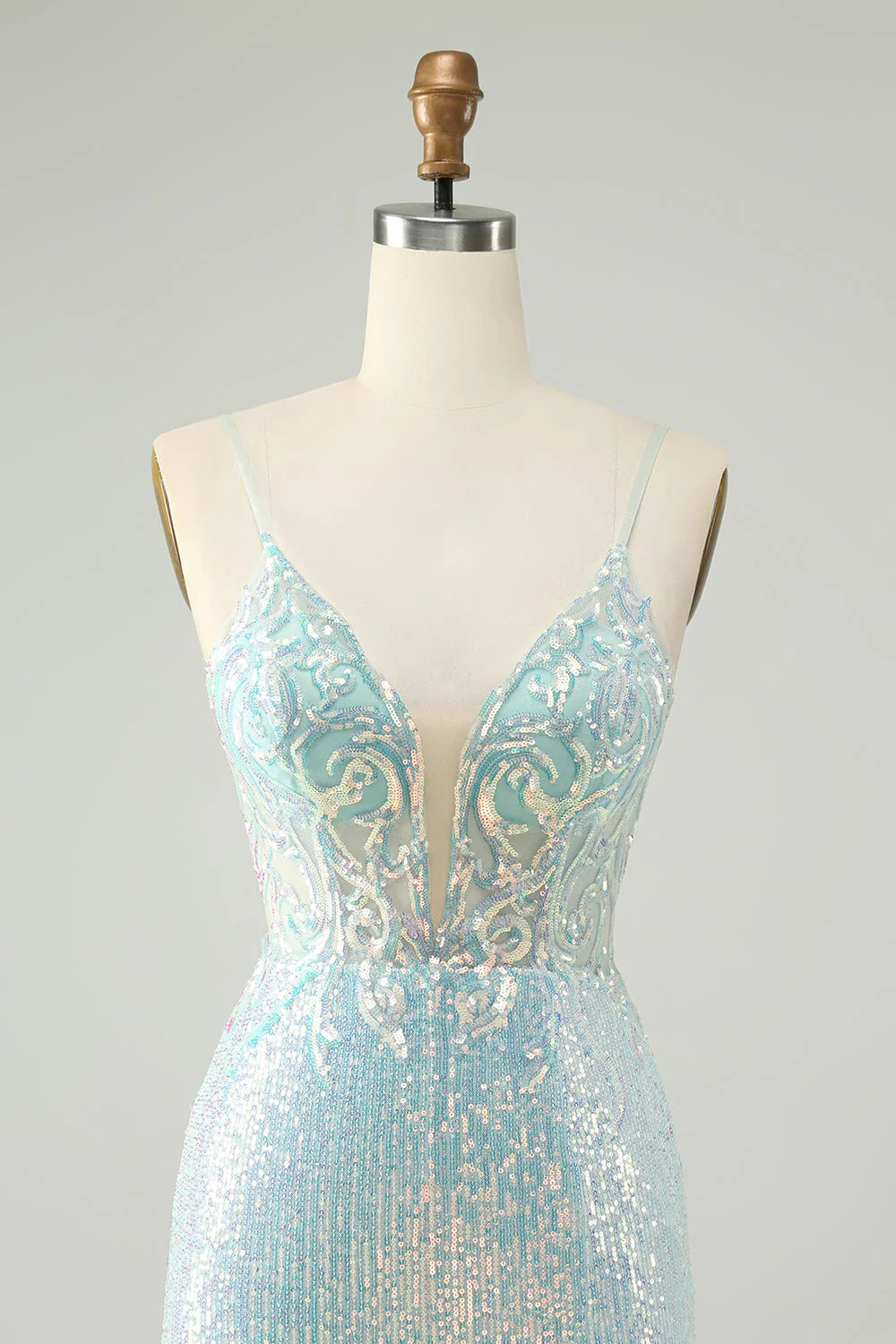 omberprom Sparkly Short Homecoming Dress Spaghetti Straps Tight with Slit Light Blue