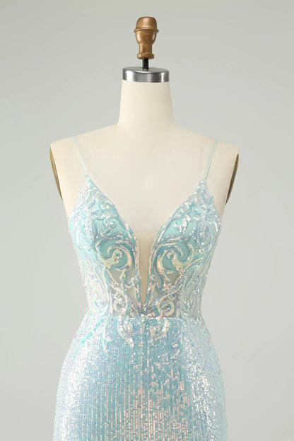 omberprom Sparkly Short Homecoming Dress Spaghetti Straps Tight with Slit Light Blue