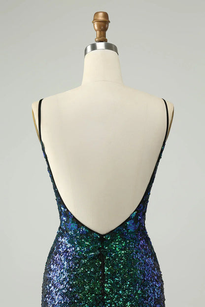 omberprom Homecoming Dress Sparkly Dark Green Spaghetti Straps Tight with Sequins