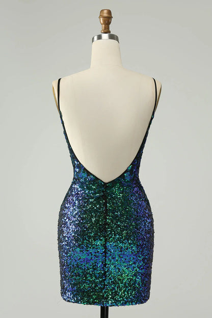 omberprom Homecoming Dress Sparkly Dark Green Spaghetti Straps Tight with Sequins