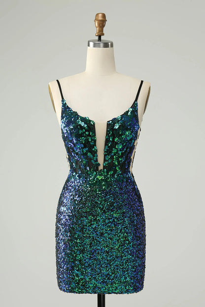 omberprom Homecoming Dress Sparkly Dark Green Spaghetti Straps Tight with Sequins