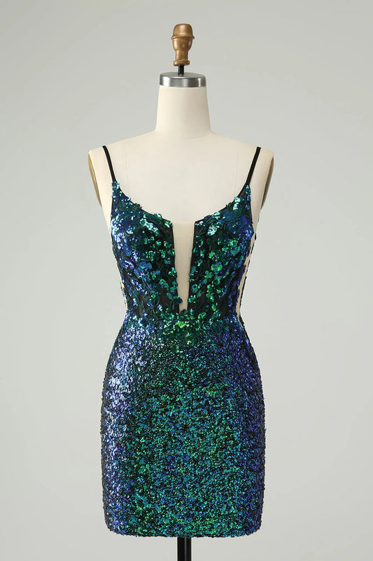 omberprom Homecoming Dress Sparkly Dark Green Spaghetti Straps Tight with Sequins