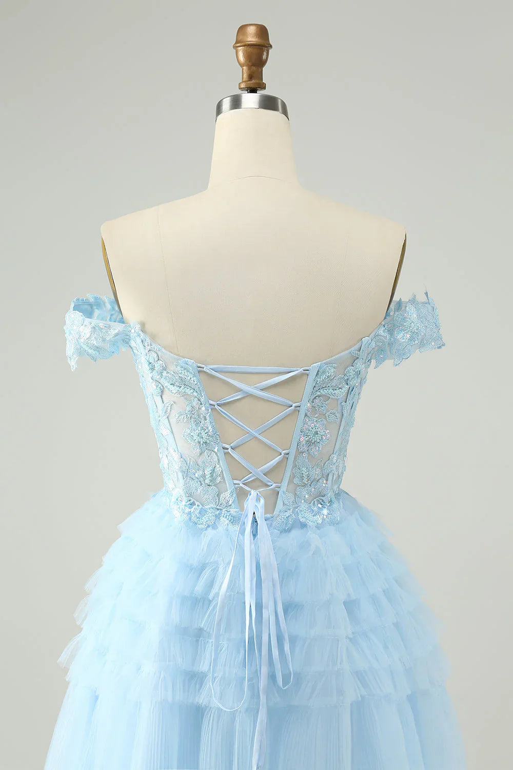 omberprom Homecoming Dress Light Blue A Line Off The Shoulder Corset with Sequins