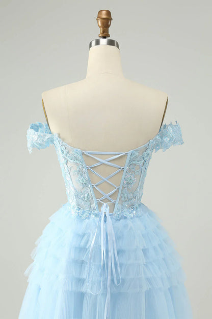 omberprom Homecoming Dress Light Blue A Line Off The Shoulder Corset with Sequins