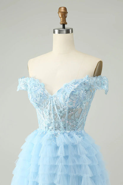 omberprom Homecoming Dress Light Blue A Line Off The Shoulder Corset with Sequins