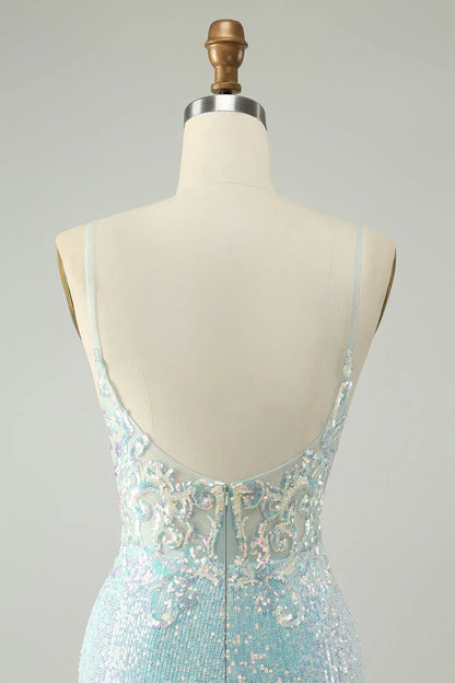 omberprom Sparkly Short Homecoming Dress Spaghetti Straps Tight with Slit Light Blue