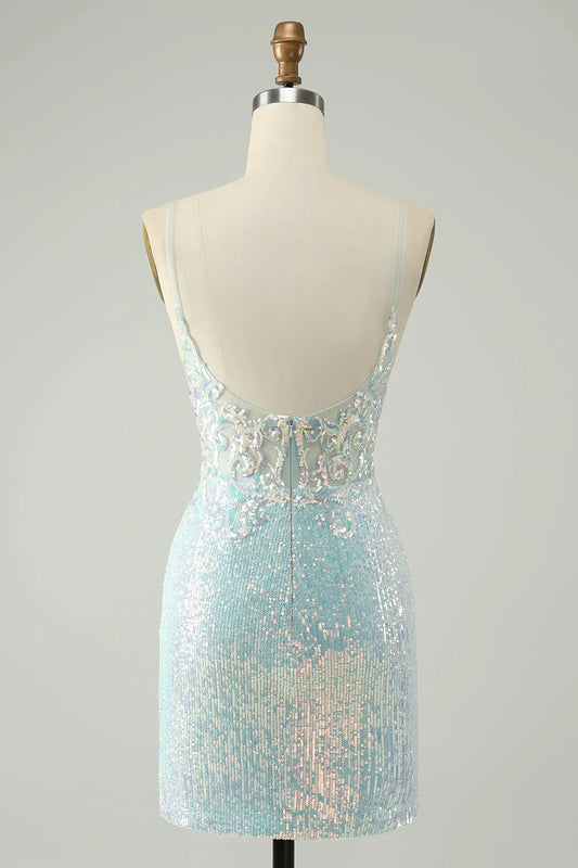 omberprom Sparkly Short Homecoming Dress Spaghetti Straps Tight with Slit Light Blue