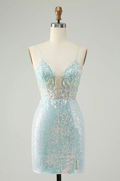 omberprom Sparkly Short Homecoming Dress Spaghetti Straps Tight with Slit Light Blue